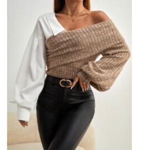 Half collar half sweater tan off the shoulder shirt